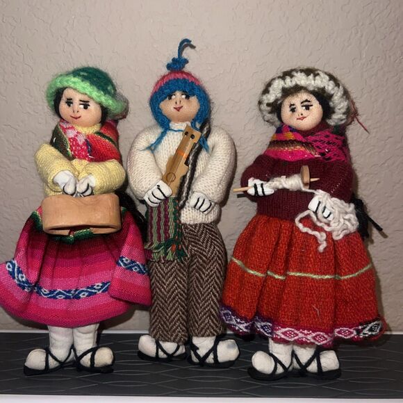 Lot Of 3 Vintage Peruvian Handmade Cloth Stuffed Dolls 7” - Picture 2 of 10